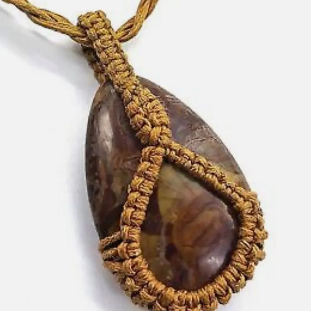 Free People boho style stone pendant woven necklace green brown